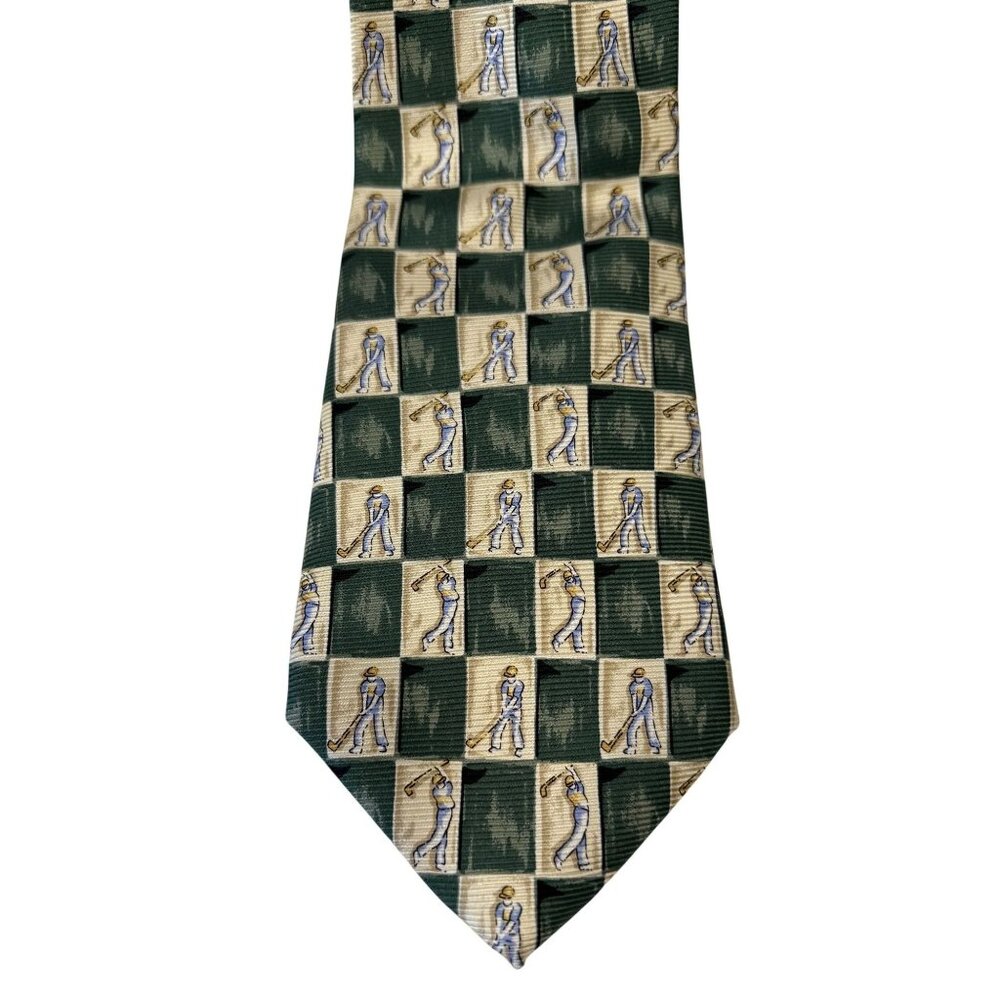 Lands End Mens Golf Necktie 100% Silk Green Beige Check 59" Handmade In Italy